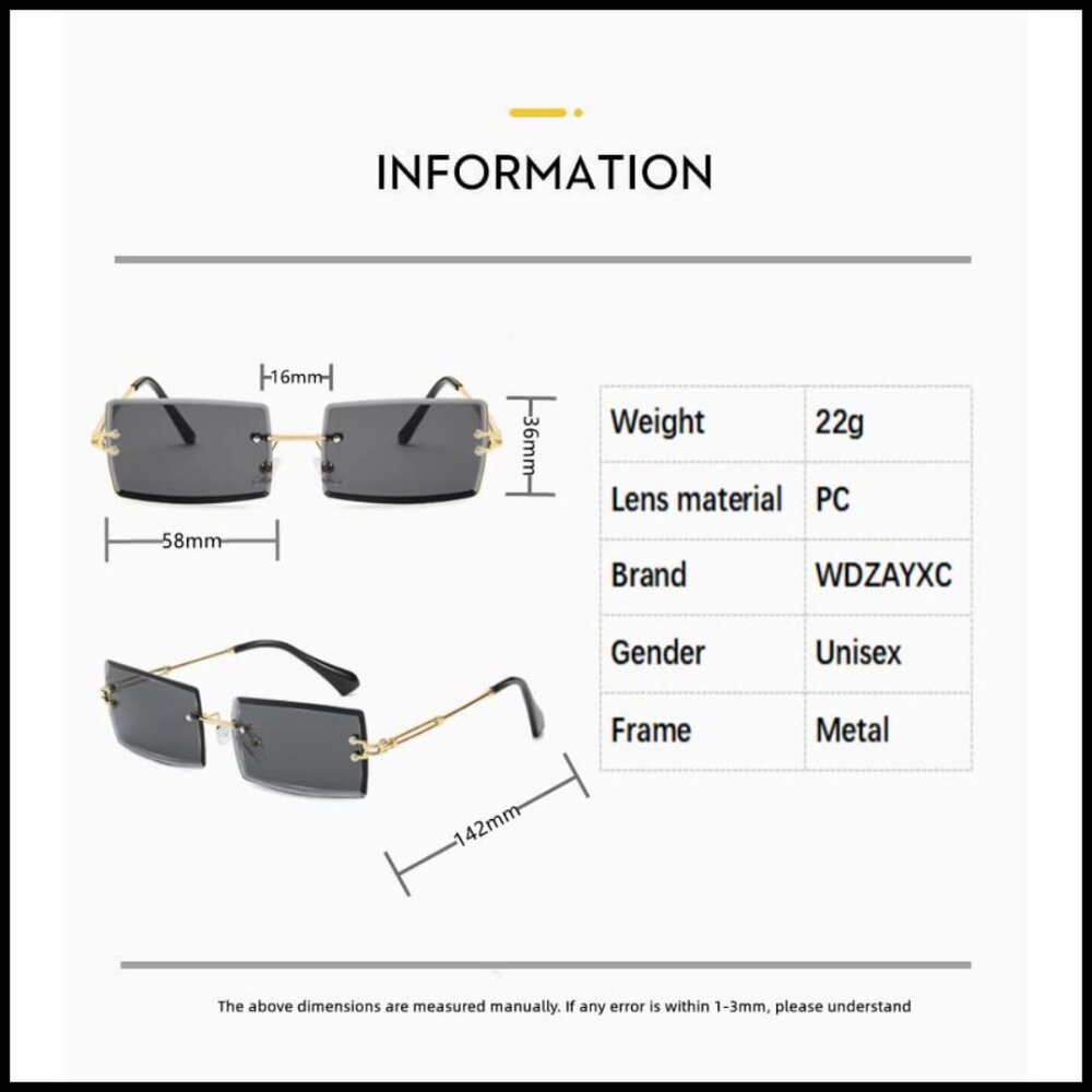 Retro Rectangular Rimless Sunglasses Uv400 Protec… - image 4